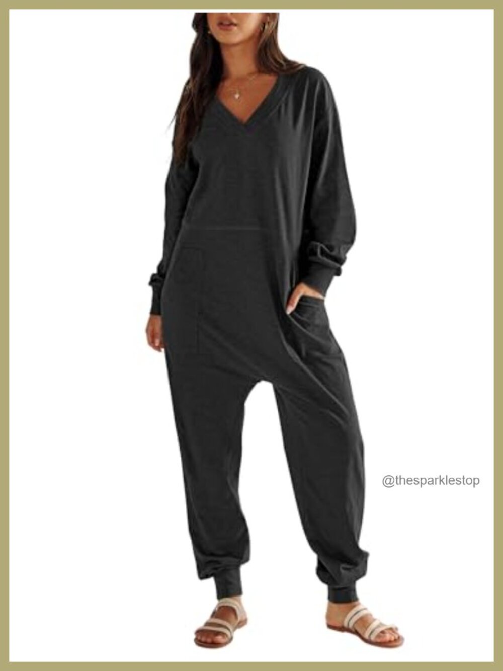 V-Neck Long Sleeve Jumpsuit with Pockets Lounge Pajama Outfit